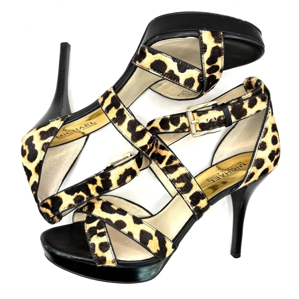 Michael Kors Women Leopard Print Calf Hair Platform Stiletto Sandals Brown Black